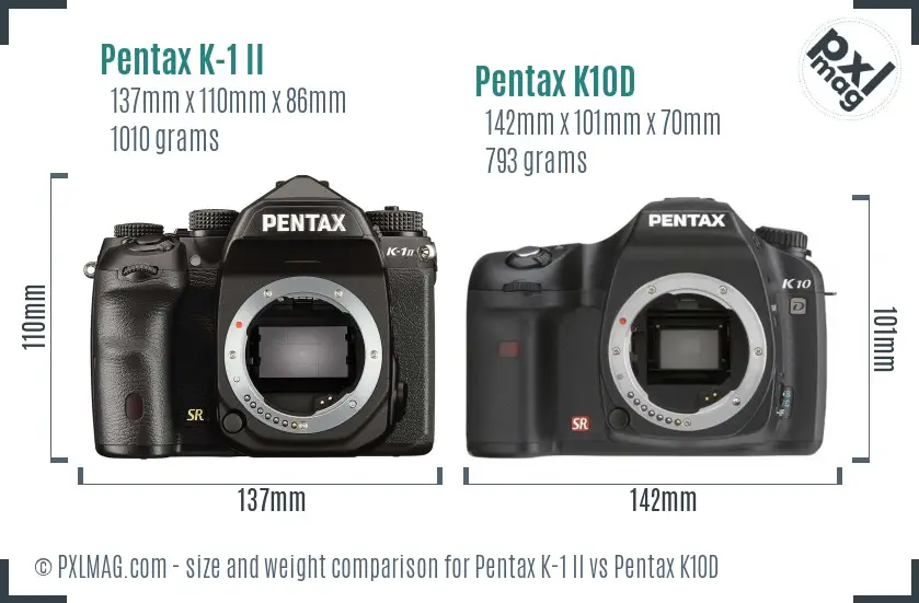 Pentax K-1 II vs Pentax K10D size comparison