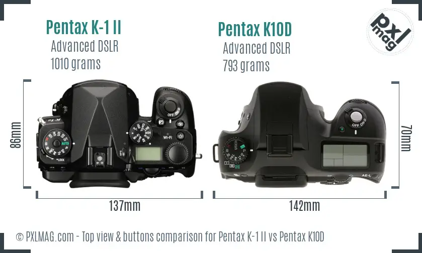 Pentax K-1 II vs Pentax K10D top view buttons comparison
