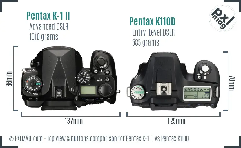 Pentax K-1 II vs Pentax K110D top view buttons comparison