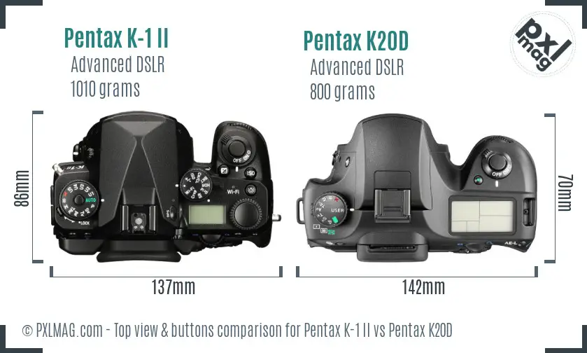 Pentax K-1 II vs Pentax K20D top view buttons comparison