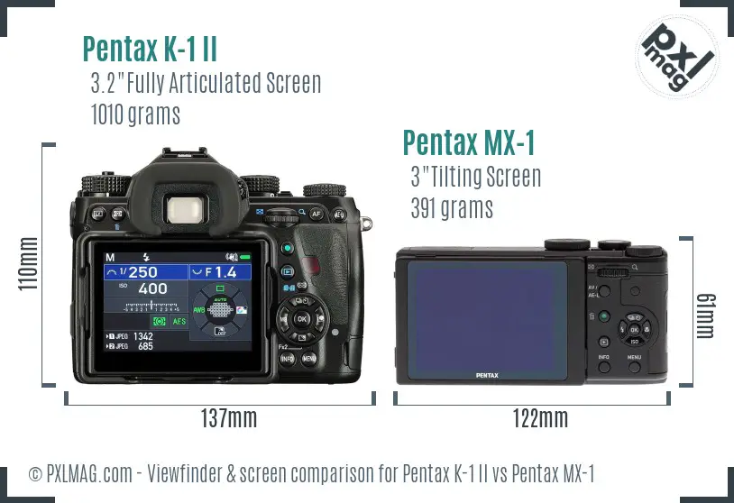 Pentax K-1 II vs Pentax MX-1 Screen and Viewfinder comparison