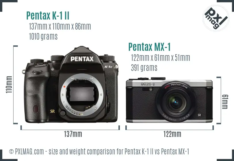 Pentax K-1 II vs Pentax MX-1 size comparison