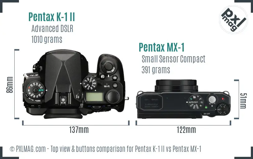 Pentax K-1 II vs Pentax MX-1 top view buttons comparison