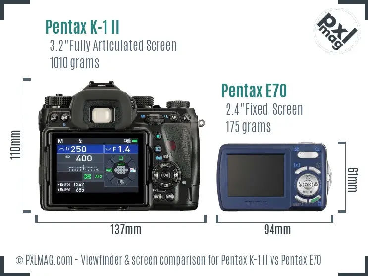 Pentax K-1 II vs Pentax E70 Screen and Viewfinder comparison
