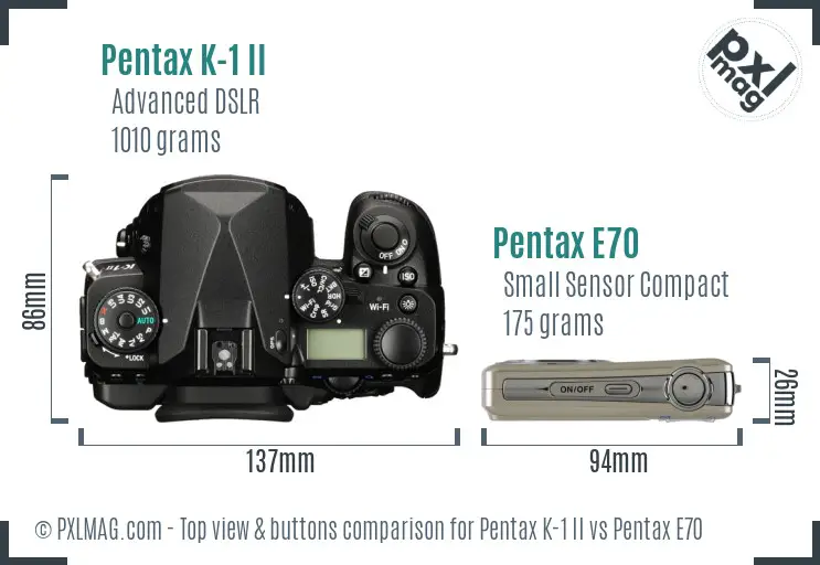 Pentax K-1 II vs Pentax E70 top view buttons comparison