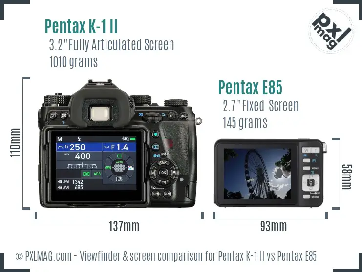 Pentax K-1 II vs Pentax E85 Screen and Viewfinder comparison