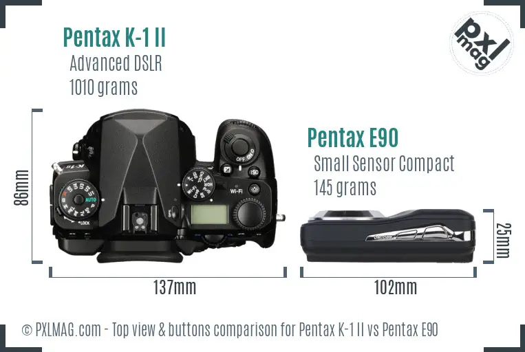 Pentax K-1 II vs Pentax E90 top view buttons comparison
