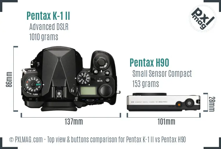 Pentax K-1 II vs Pentax H90 top view buttons comparison
