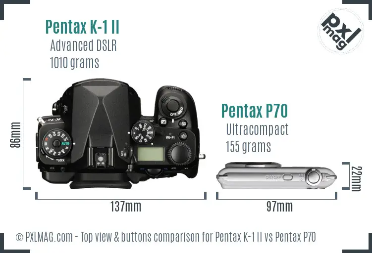 Pentax K-1 II vs Pentax P70 top view buttons comparison