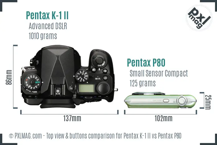 Pentax K-1 II vs Pentax P80 top view buttons comparison