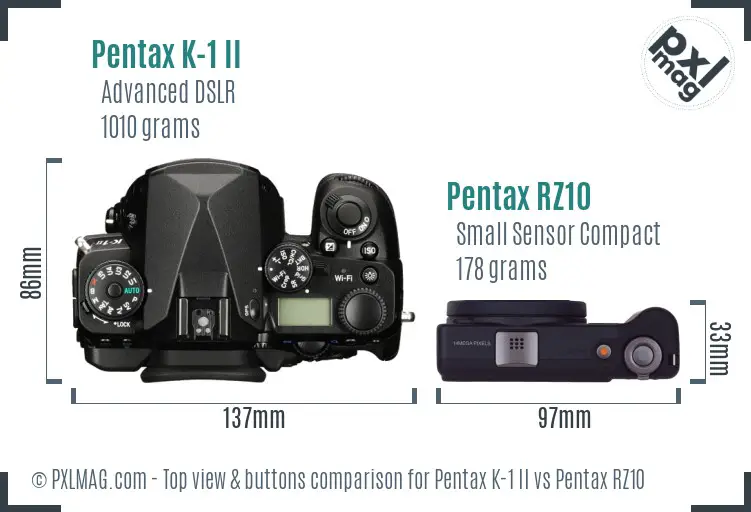 Pentax K-1 II vs Pentax RZ10 top view buttons comparison