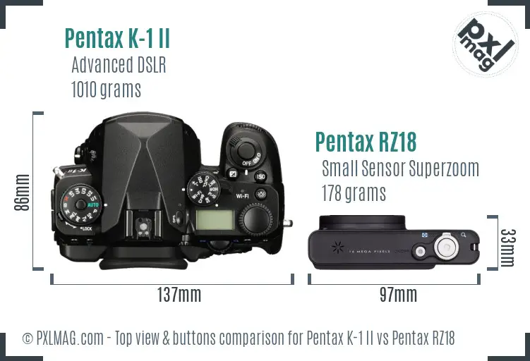 Pentax K-1 II vs Pentax RZ18 top view buttons comparison