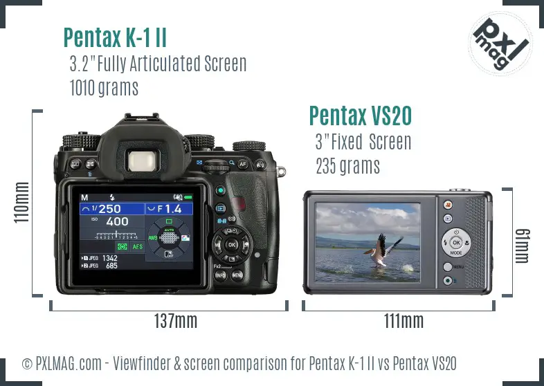 Pentax K-1 II vs Pentax VS20 Screen and Viewfinder comparison