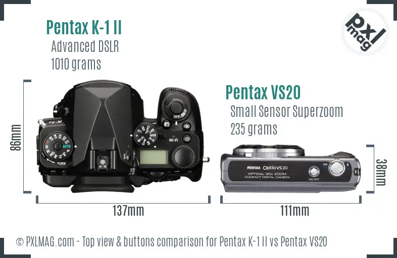 Pentax K-1 II vs Pentax VS20 top view buttons comparison