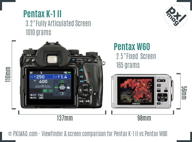 Pentax K-1 II vs Pentax W60 Screen and Viewfinder comparison