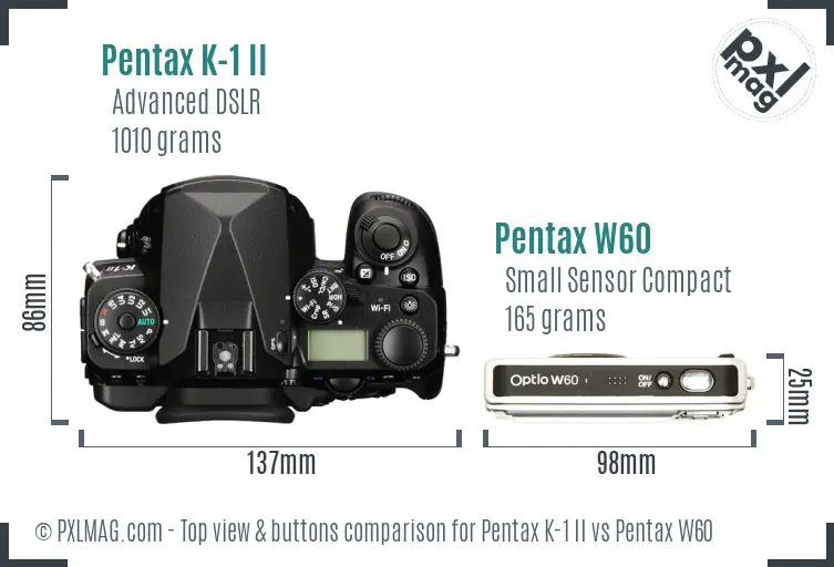 Pentax K-1 II vs Pentax W60 top view buttons comparison