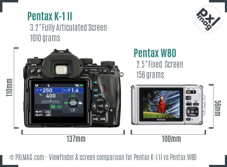 Pentax K-1 II vs Pentax W80 Screen and Viewfinder comparison