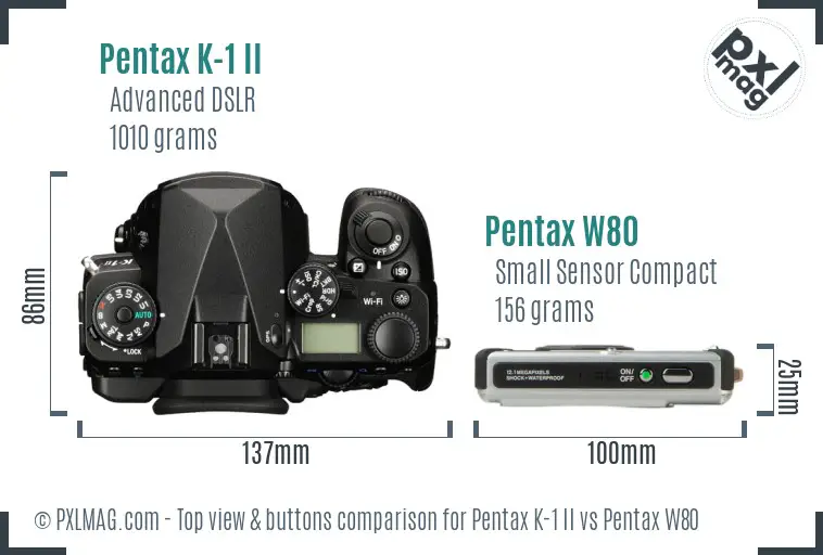 Pentax K-1 II vs Pentax W80 top view buttons comparison