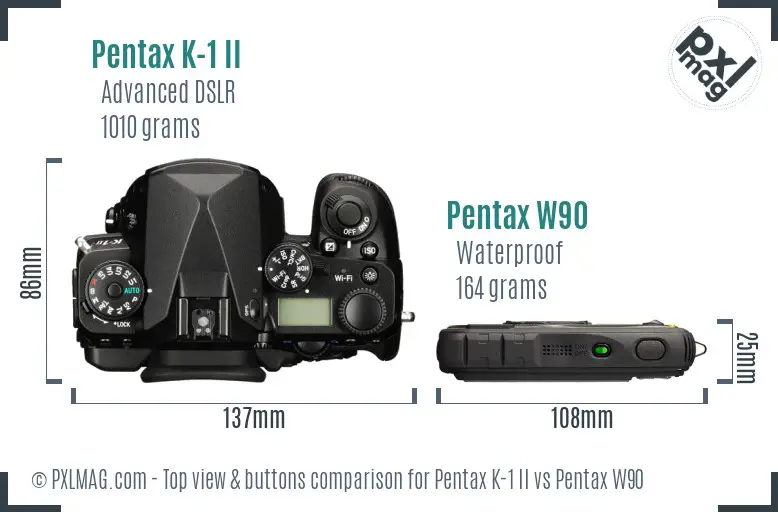 Pentax K-1 II vs Pentax W90 top view buttons comparison