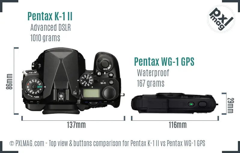 Pentax K-1 II vs Pentax WG-1 GPS top view buttons comparison