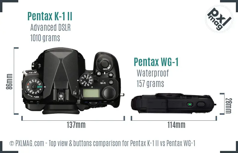Pentax K-1 II vs Pentax WG-1 top view buttons comparison