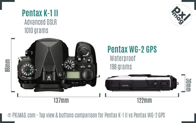 Pentax K-1 II vs Pentax WG-2 GPS top view buttons comparison