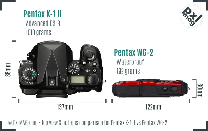 Pentax K-1 II vs Pentax WG-2 top view buttons comparison