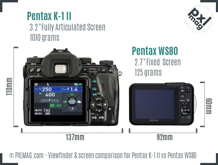 Pentax K-1 II vs Pentax WS80 Screen and Viewfinder comparison