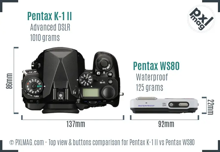 Pentax K-1 II vs Pentax WS80 top view buttons comparison