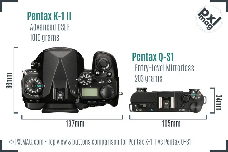 Pentax K-1 II vs Pentax Q-S1 top view buttons comparison
