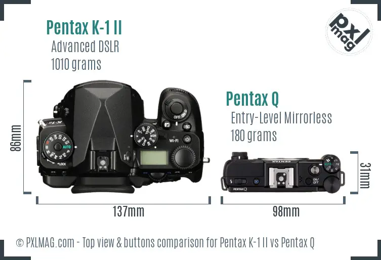 Pentax K-1 II vs Pentax Q top view buttons comparison