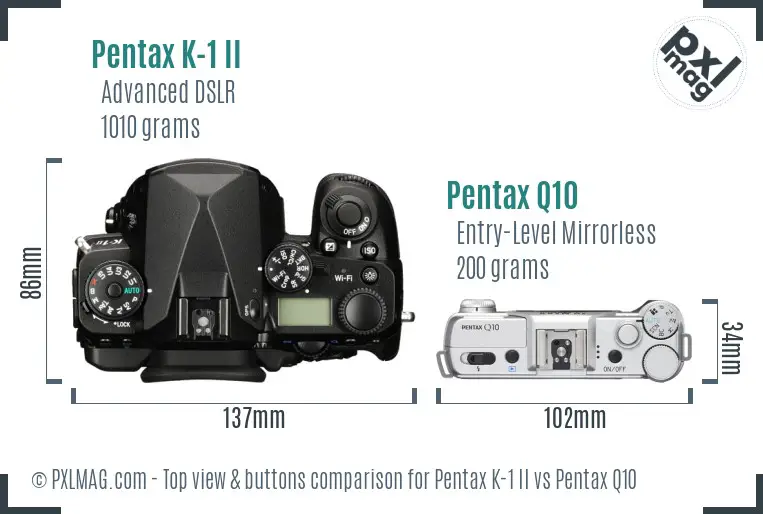 Pentax K-1 II vs Pentax Q10 top view buttons comparison