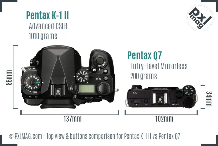 Pentax K-1 II vs Pentax Q7 top view buttons comparison