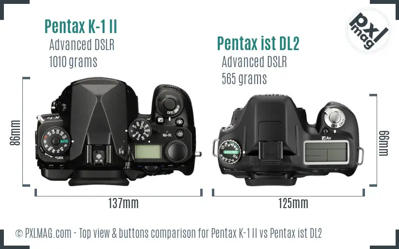 Pentax K-1 II vs Pentax ist DL2 top view buttons comparison