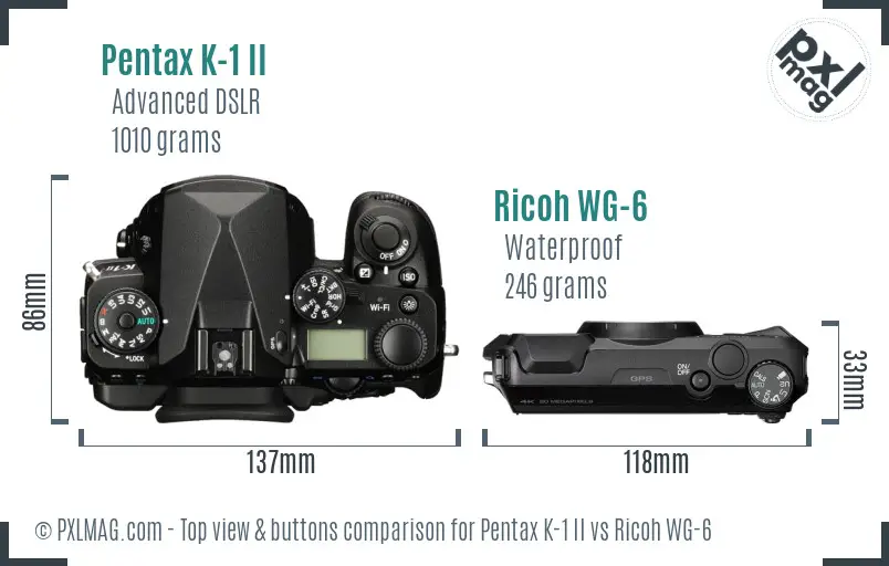 Pentax K-1 II vs Ricoh WG-6 top view buttons comparison