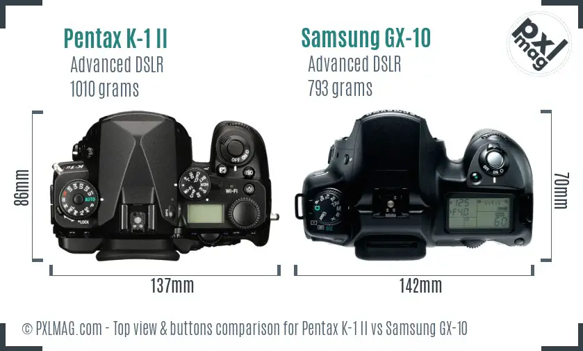 Pentax K-1 II vs Samsung GX-10 top view buttons comparison