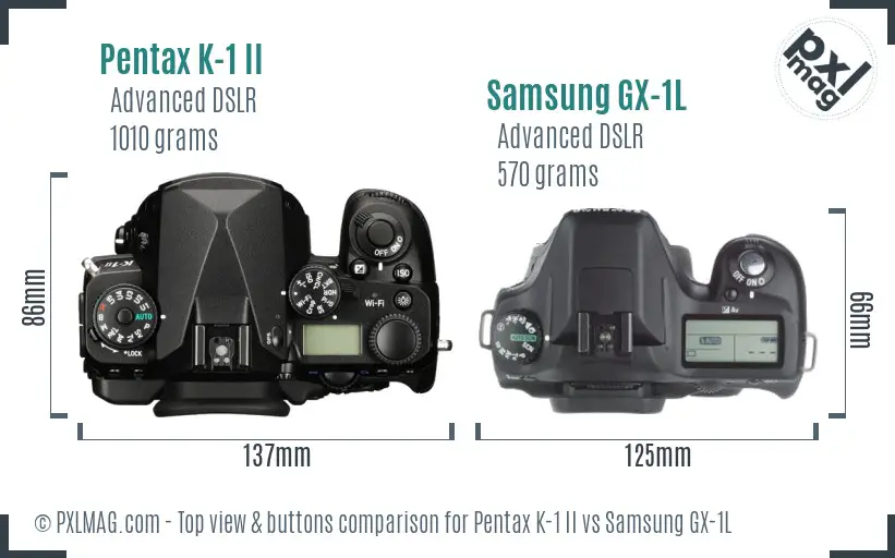 Pentax K-1 II vs Samsung GX-1L top view buttons comparison