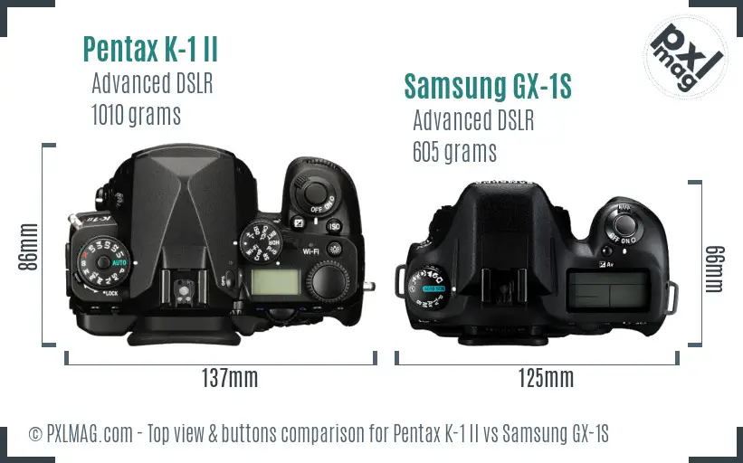 Pentax K-1 II vs Samsung GX-1S top view buttons comparison