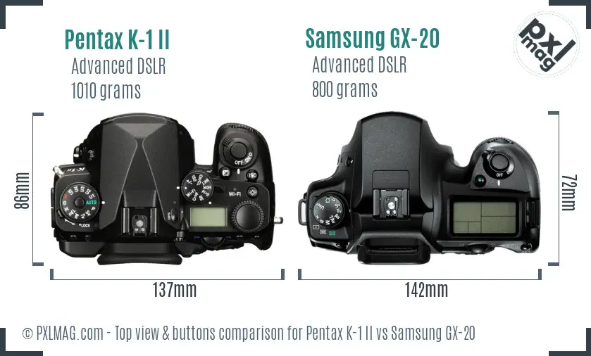 Pentax K-1 II vs Samsung GX-20 top view buttons comparison