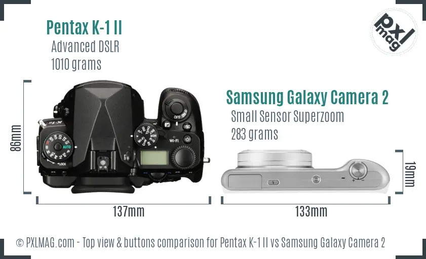 Pentax K-1 II vs Samsung Galaxy Camera 2 top view buttons comparison