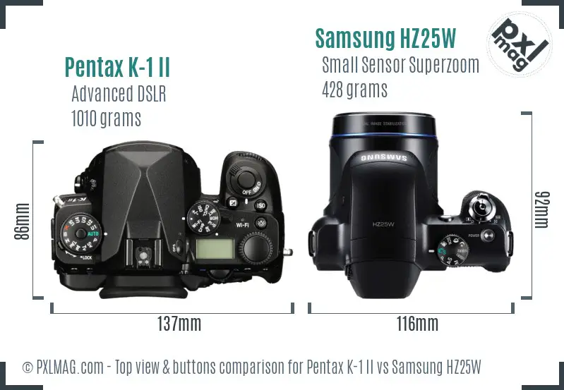 Pentax K-1 II vs Samsung HZ25W top view buttons comparison Pentax K-1 II vs Samsung HZ25W top view buttons comparison
