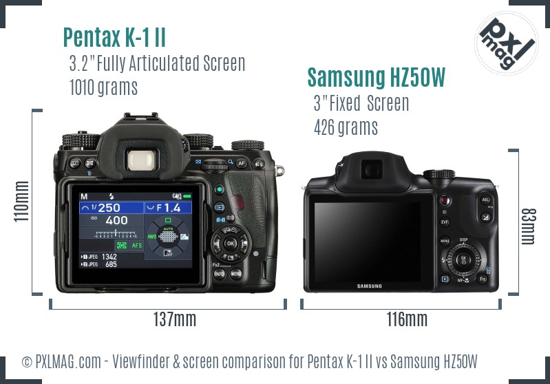 Pentax K-1 II vs Samsung HZ50W Screen and Viewfinder comparison