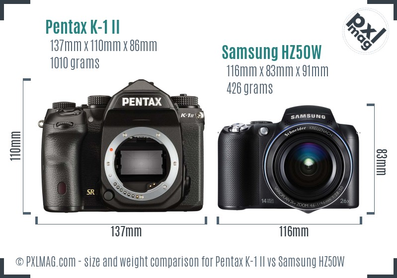 Pentax K-1 II vs Samsung HZ50W size comparison Pentax K-1 II vs Samsung HZ50W size comparison