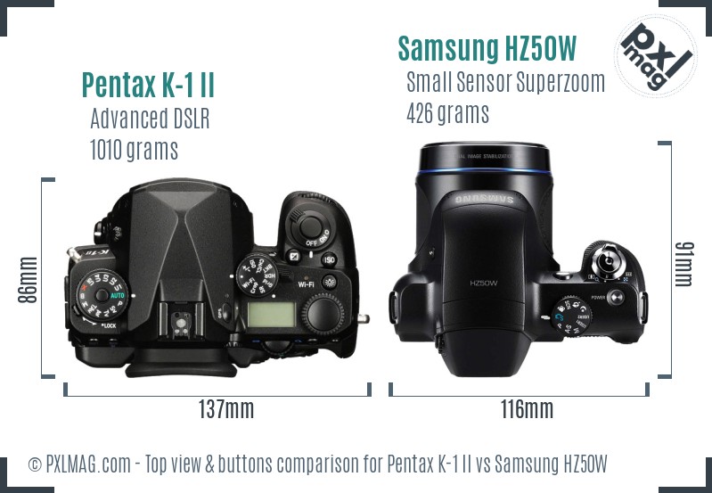 Pentax K-1 II vs Samsung HZ50W top view buttons comparison