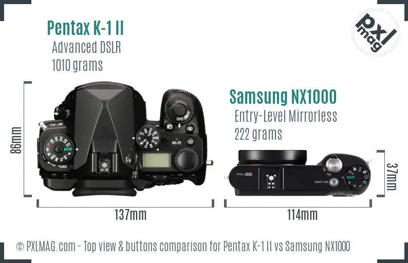 Pentax K-1 II vs Samsung NX1000 top view buttons comparison