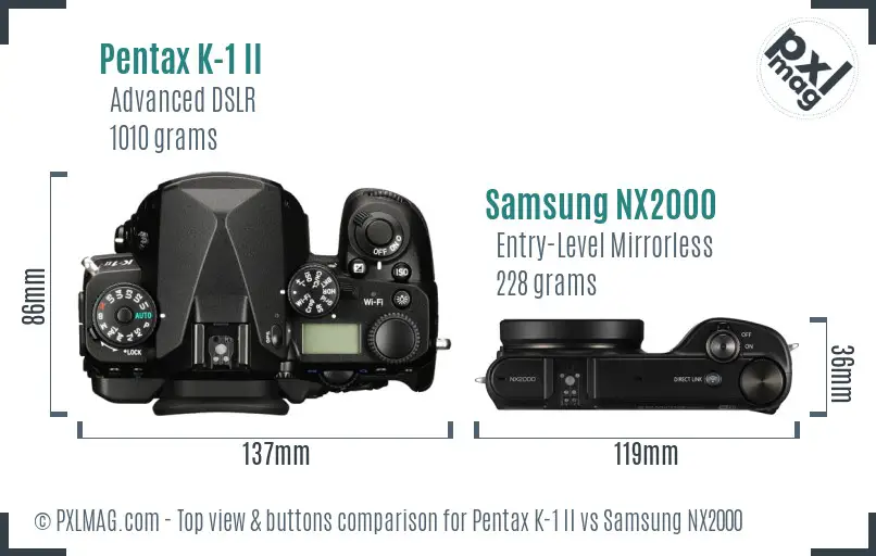 Pentax K-1 II vs Samsung NX2000 top view buttons comparison