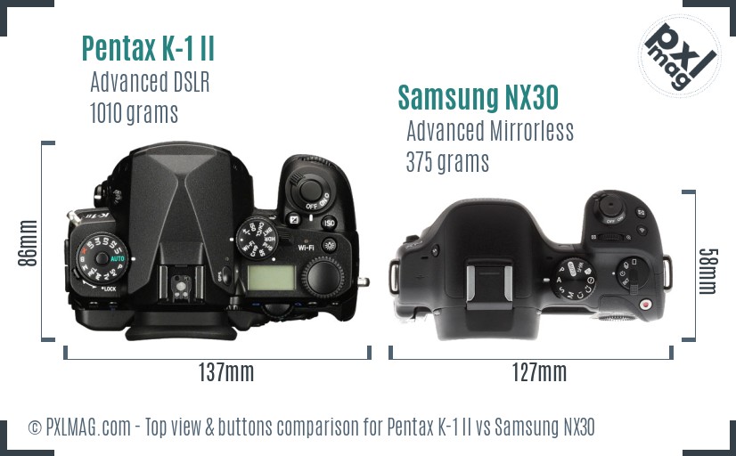 Pentax K-1 II vs Samsung NX30 top view buttons comparison