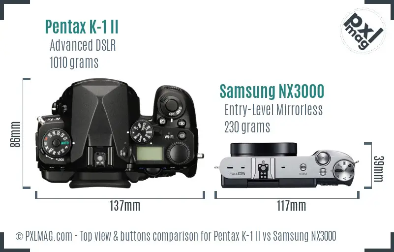 Pentax K-1 II vs Samsung NX3000 top view buttons comparison