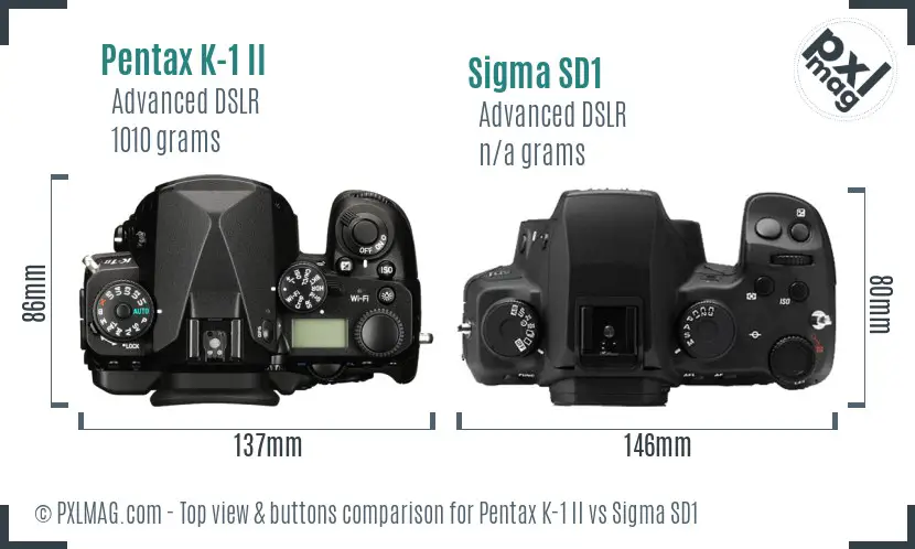 Pentax K-1 II vs Sigma SD1 top view buttons comparison