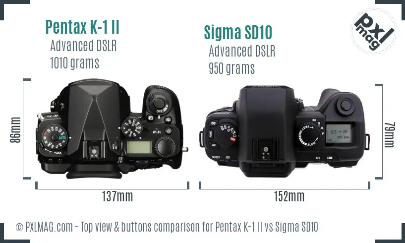 Pentax K-1 II vs Sigma SD10 top view buttons comparison